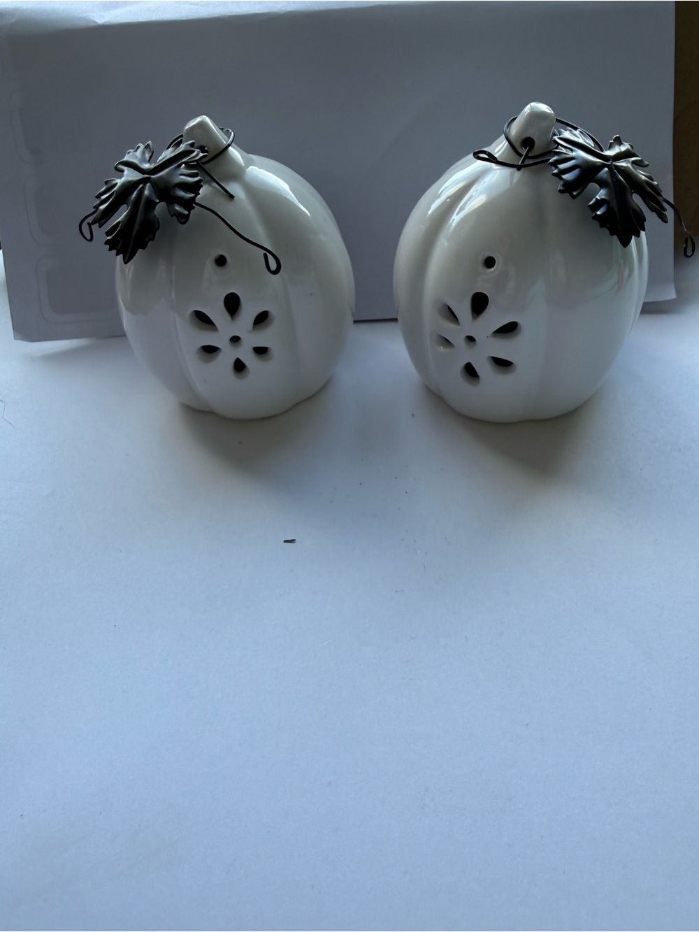 White Ceramic Pumpkin Lantern Salt & Pepper Set with Metal Leaf Accents